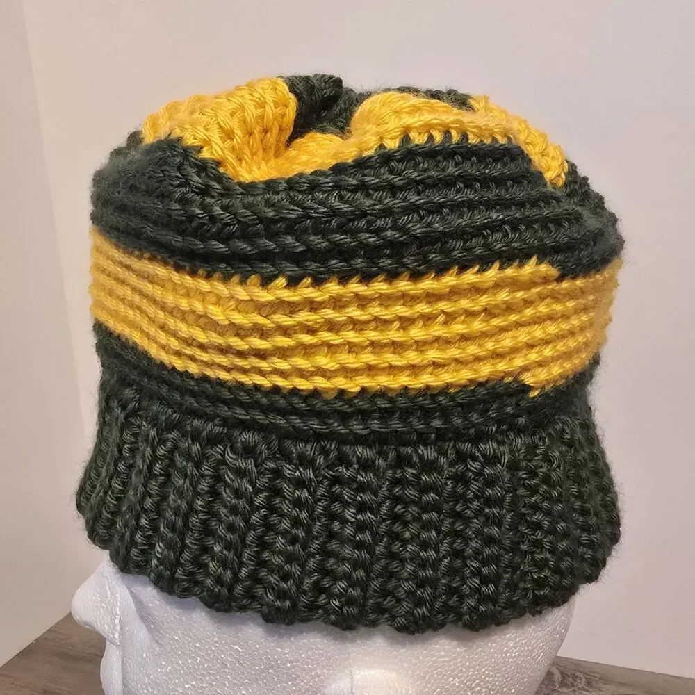 Crochet Beanie, One Size, Green/yellow, Double Crochet.